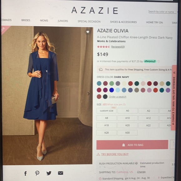 NWT Azazie Sz A10 Navy Dress W Sheer Jacket- Jeweled Pin and Zipper Garment Bag - Picture 13 of 14